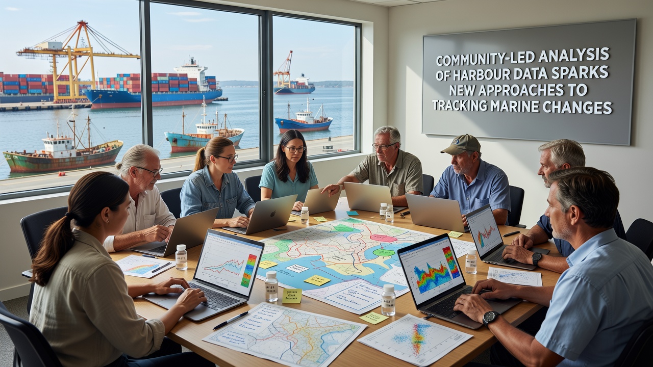 Researchers and local volunteers reviewing harbour sensor graphs on a laptop beside a tidal pool during a community workshop