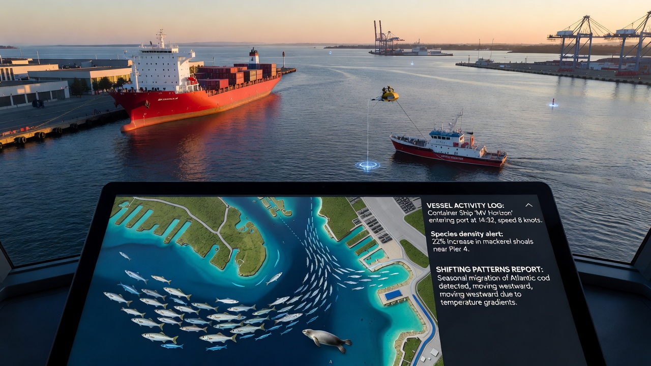 Underwater acoustic sensors and species tracking equipment in a busy harbour environment